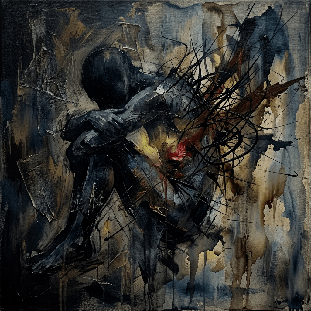 Abstract dark figure hugging knees with chaotic black and red lines and textured background