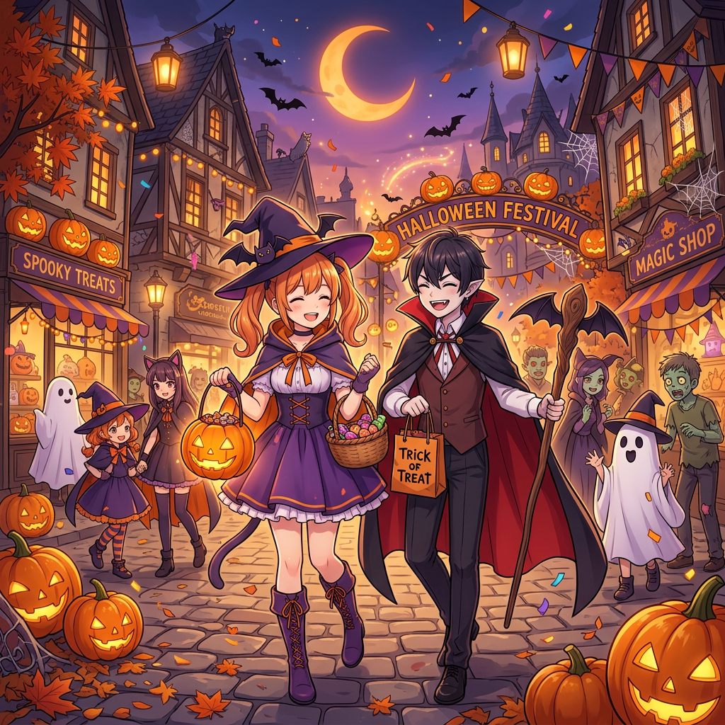 Costumed witch and vampire at Halloween Festival; signs read Spooky Treats, Magic Shop, and Trick or Treat